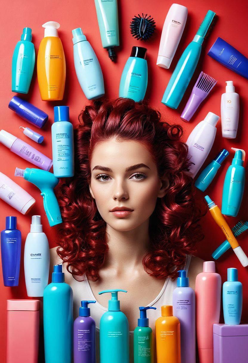 A vibrant display of essential hair care products like shampoos, conditioners, and styling tools arranged artfully on a colorful background. Incorporate bold hair colors flowing around the products, symbolizing various hair journeys. Include diverse hand models showcasing different hairstyles, emphasizing inclusivity in hair care. Soft glowing light to create an inviting atmosphere. bright colors. 3D.