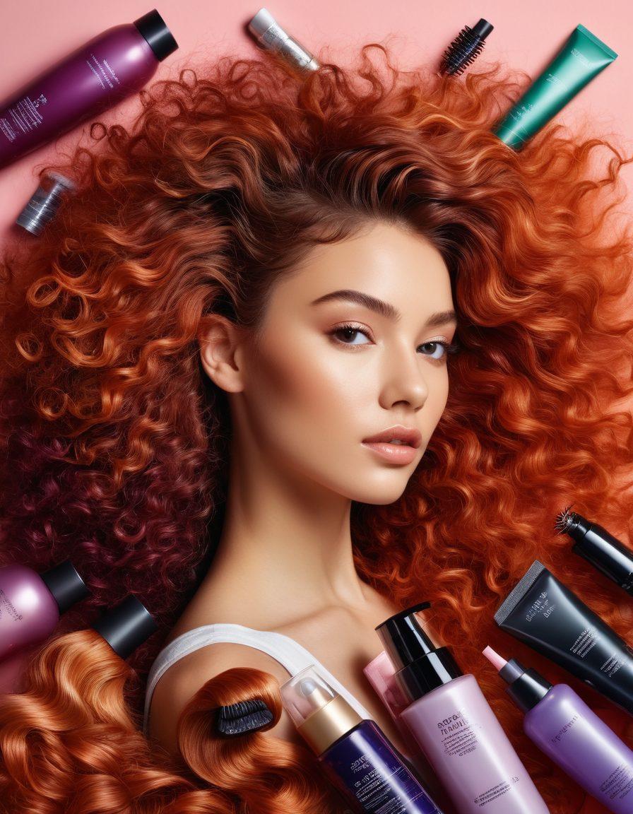 A close-up of diverse hair types showcasing various textures and colors, with vibrant hair care products elegantly arranged around them. The background features soft, ethereal lighting that highlights the shine and beauty of each hair. Include hair styling tools, plants, and magazines with trending hairstyles in a stylish, organized layout. super-realistic. vibrant colors. soft focus.
