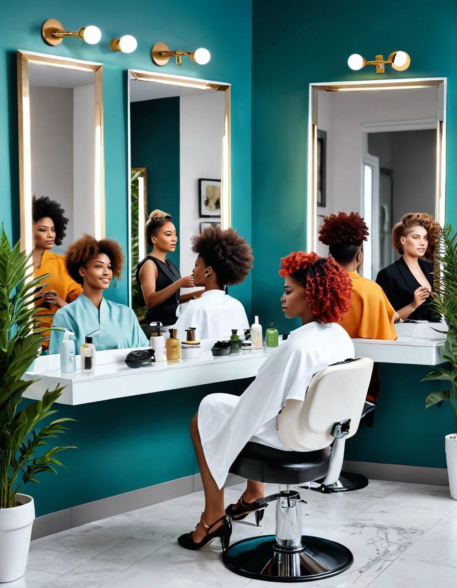 A vibrant salon scene showcasing a diverse group of people receiving hair treatments, featuring a stylist applying a nourishing hair mask, another person getting a trendy haircut, and a mirror reflecting the style transformations. The background includes stylish hair products and plants for a fresh feel. The imagery should evoke beauty, confidence, and community. super-realistic. vibrant colors. 3D.